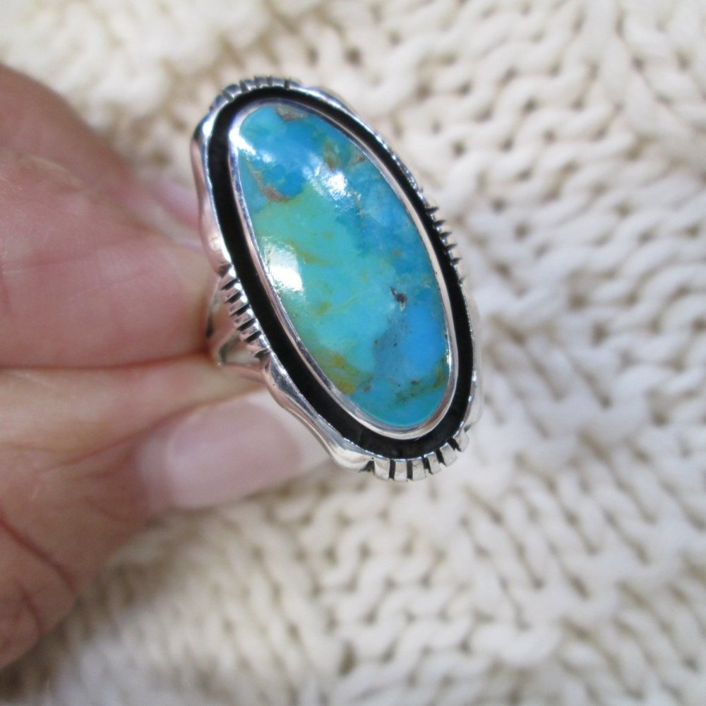 Turquoise Ring>925 Sterling Silver Ring,Genuine Turquoise Ring,Southwestern - Picture 7 of 8